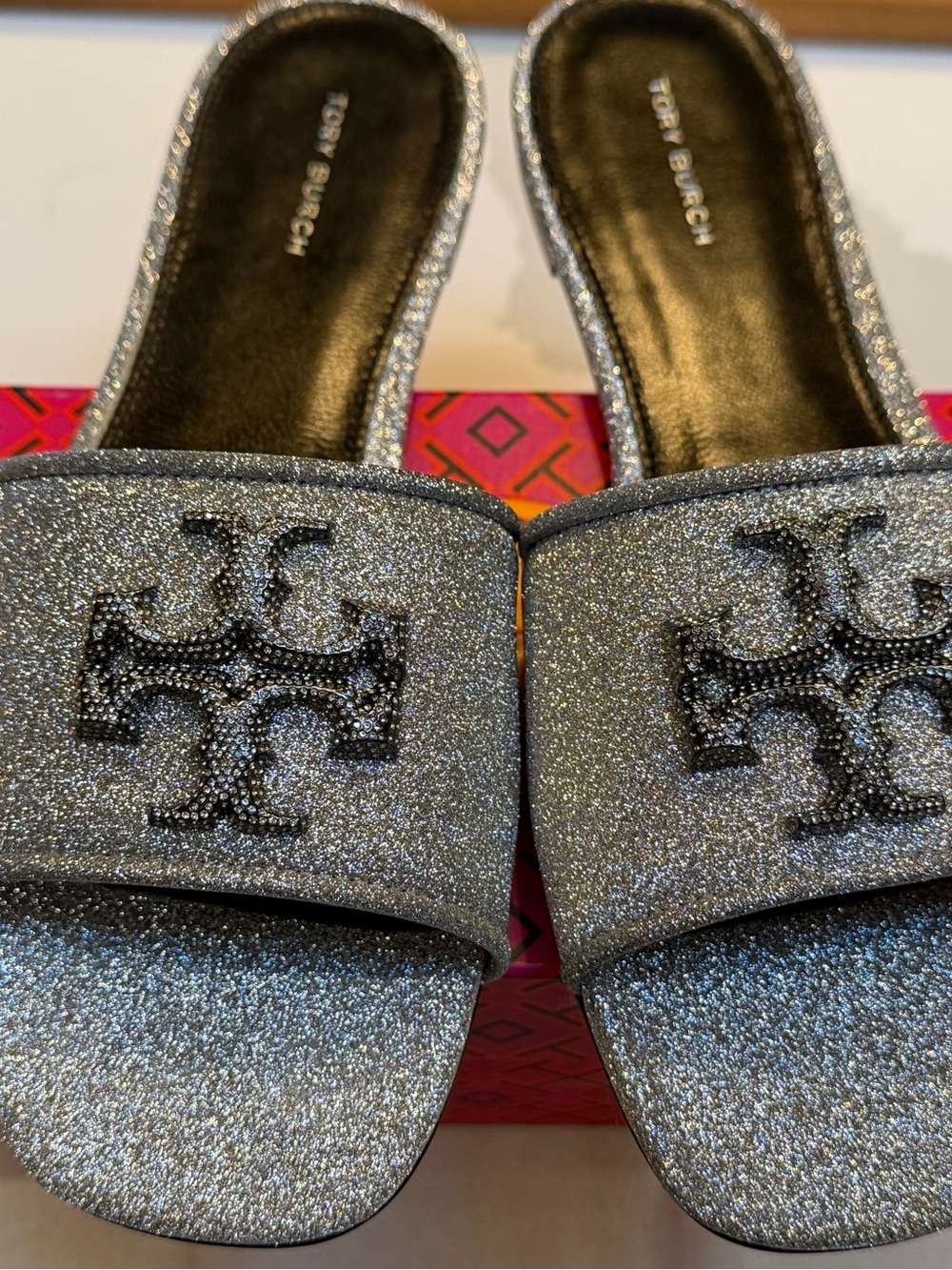 Tory Burch Silver Glitter Double-T Crystal Eleanor Slide Sandals - Picture 3 of 12